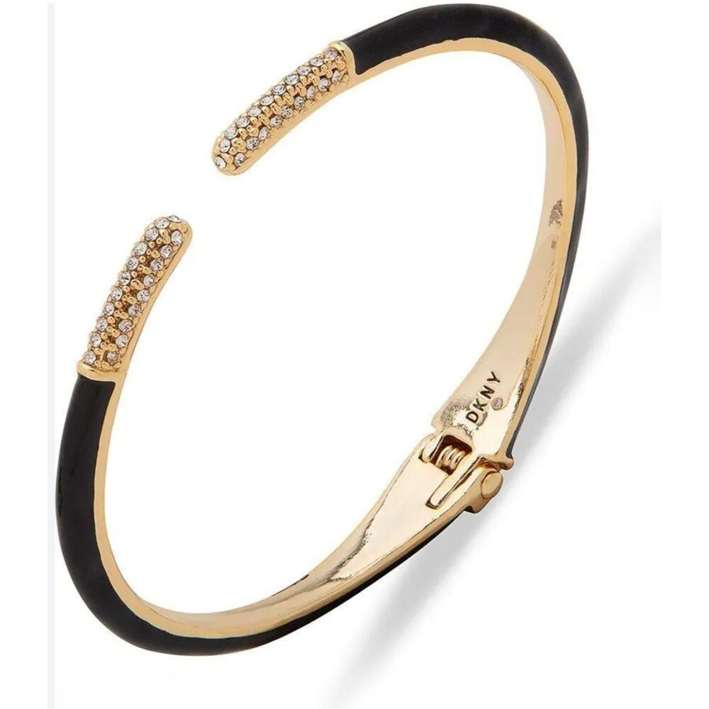 DKNY Women's New Black Enamel Crystal Pave Gold Tone Hinged Open Cuff Bracelet